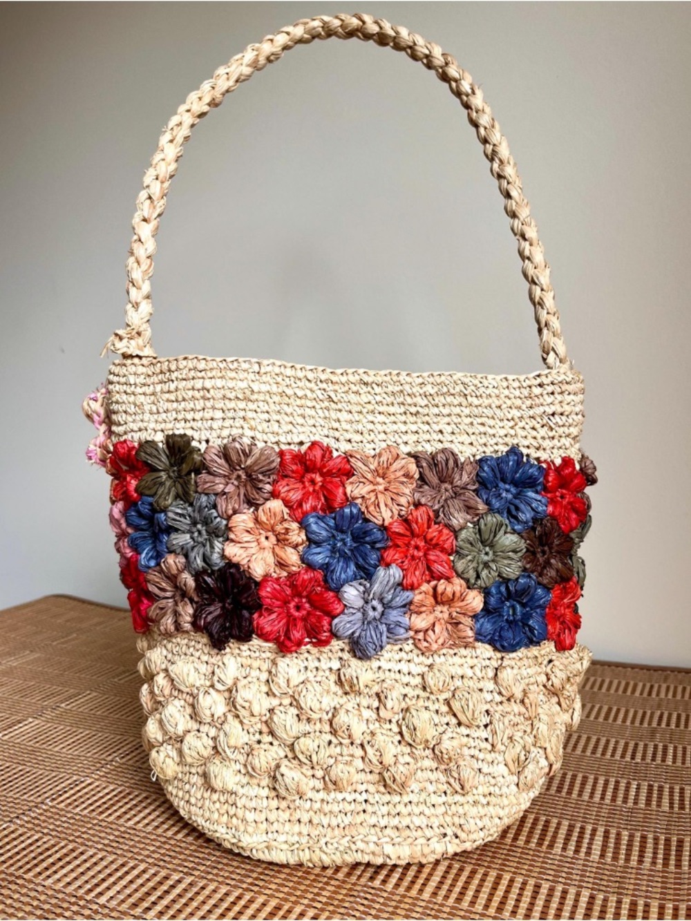 Relist Handmade Natural Straw Shoulder Bag with Multicolor Floral Accents
